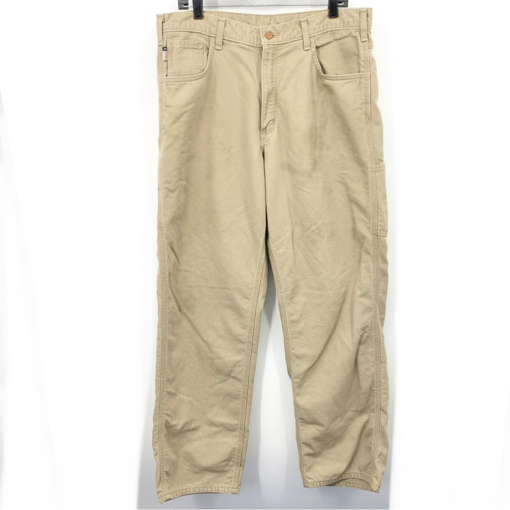 Carhartt Men 36 X 32 Jeans Khaki Brown Canvas Pants Flame Resistant Cat 2 SPOTS